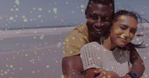 Couple Embracing on Beach in Vibrant Joyful Moment