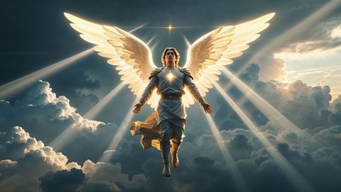 Majestic Angelic Figure with Radiant Wings Against Cloudscape