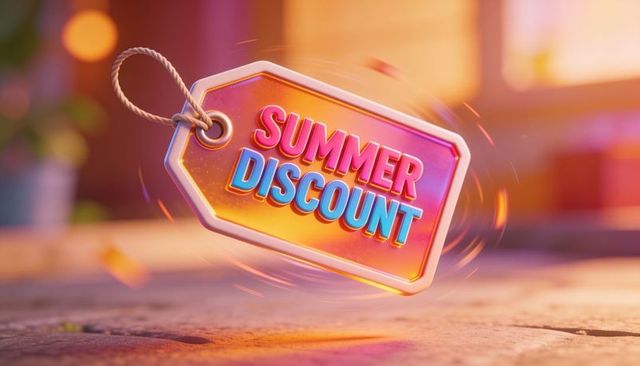 Summer discount tag hovering over wooden table featuring glossy beveled label and confetti