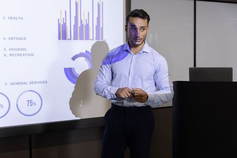 Business professional presenting financial data on projector screen