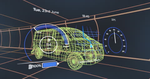 Futuristic Electric Van Concept with Digital Interface Elements
