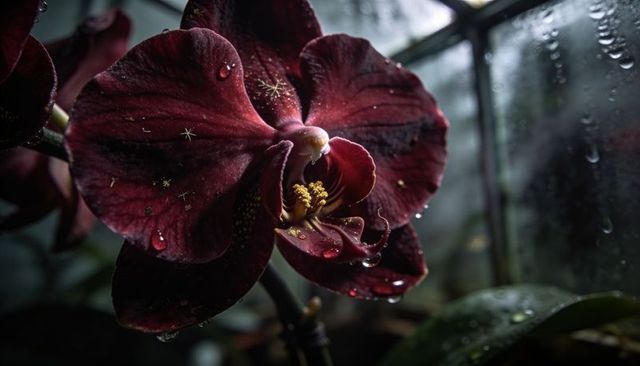 Velvet burgundy orchid bloom glistening with dew droplets in dramatic greenhouse light