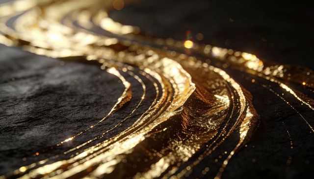 Flowing gold ribbons on dark stone macro texture with sparkling metallic reflection