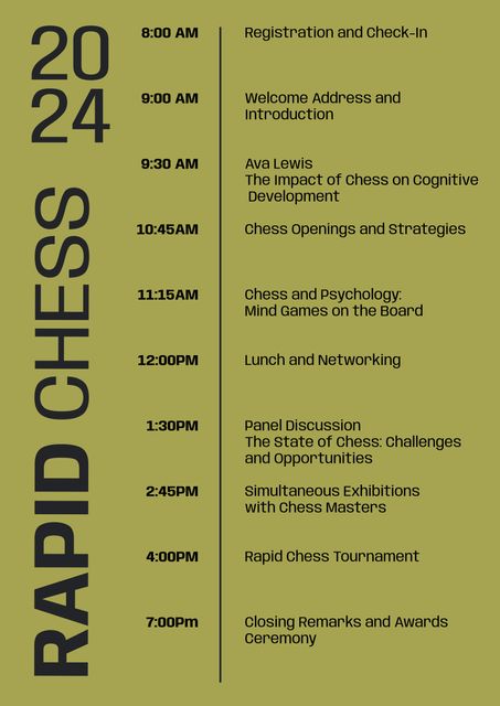 Event schedule listing for Rapid Chess 2024 conference detailing day’s plan from registration at 8:00 AM to closing remarks at 7:00 PM. Useful for promoting events, planning attendance, and organizing seminar itineraries.