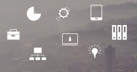 Digital Financial Icons and Data Overlay on Cityscape - Download Free Stock Images Pikwizard.com