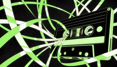 Unraveling neon cassette tape with floating magnetic ribbons and visible spools