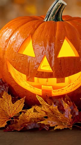 Vertical Jack-O'-Lantern Close-Up Pulsing Glow on Autumn Porch with Fallen Leaves