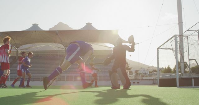 Youth Field Hockey Game in Action with Goalie Defending Goal - Download Free Stock Images Pikwizard.com