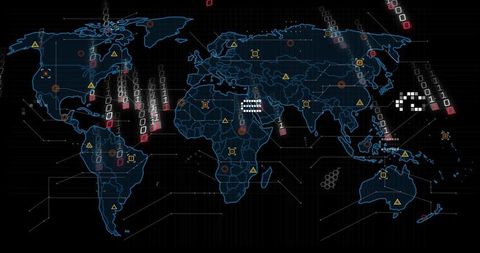 Displaying global cyber threat map with neon HUD, binary streams and location markers