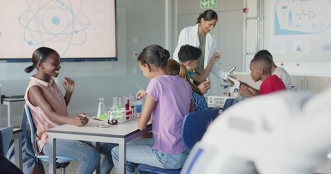 Diverse Students Engaged in Science Experiments with Teacher in Classroom
