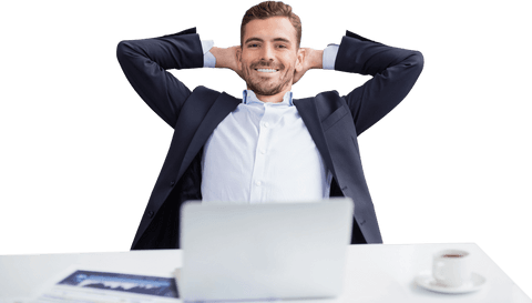 Transparent Smiling Businessman Relaxing at Desk With Laptop - Download Free Stock Videos Pikwizard.com