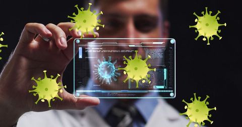 Doctor analyzing covid-19 data on virtual screen technology