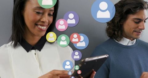 Smiling Woman Using Smartphone with Social Media Icons Around Her