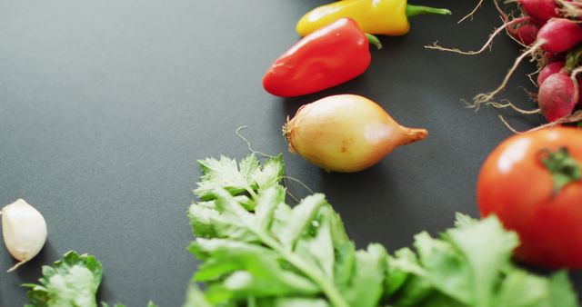 This image features a variety of fresh vegetables, including an onion, bell peppers, radishes, a tomato, garlic, and parsley, all arranged on a dark background. Ideal for use in content related to healthy eating, vegan or vegetarian diets, cooking preparation guides, kitchen decor, and nutrition articles. Perfect for food blogs, recipe websites, and organic produce marketing materials.