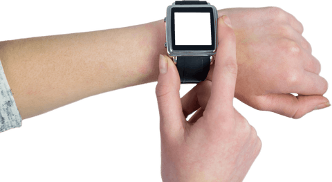 Caucasian female hand using smartwatch on transparent background