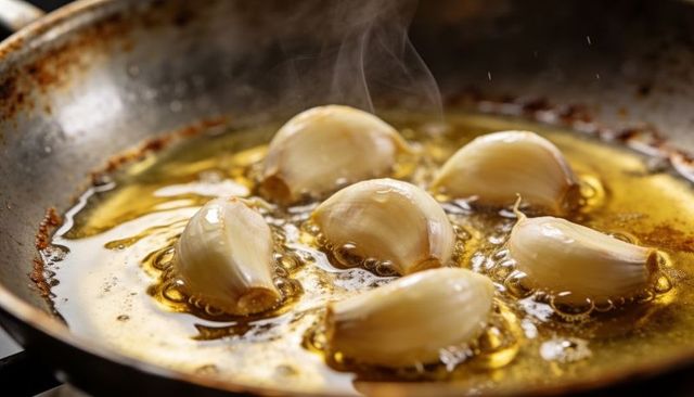 Sizzling garlic cloves frying in golden oil on skillet close-up steaming aromatic