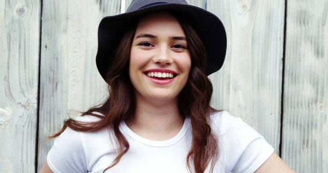 Smiling Woman in Summer Hat with Wooden Background - Download Free Stock Images Pikwizard.com