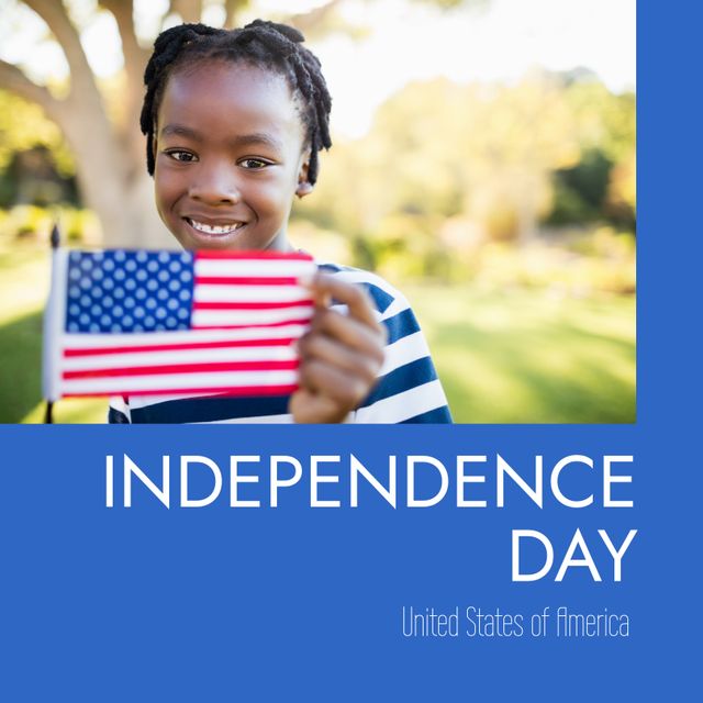 Smiling Boy Holding USA Flag Celebrating Independence Day Outdoors - Download Free Stock Templates Pikwizard.com