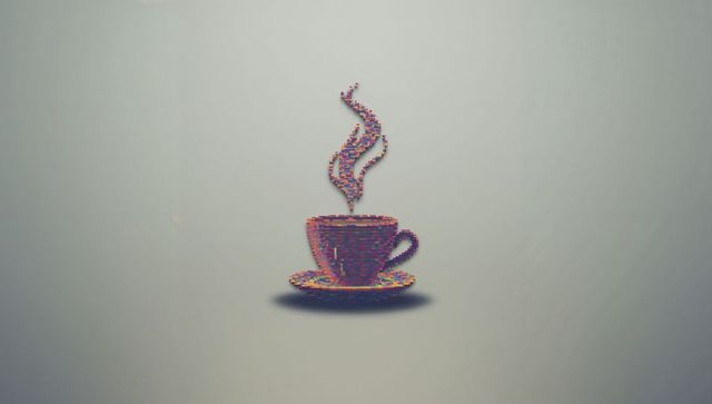 Colorful pixel mosaic coffee cup with stylized steam on minimal gray background for brand