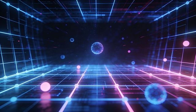 Hovering neon sphere reflecting on cyber grid with glowing nodes and holographic lattice