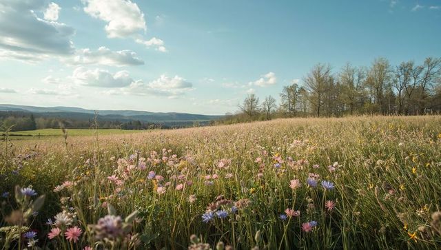 Sunlit wildflower meadow sloping toward rolling hills at golden hour, pastoral calm
