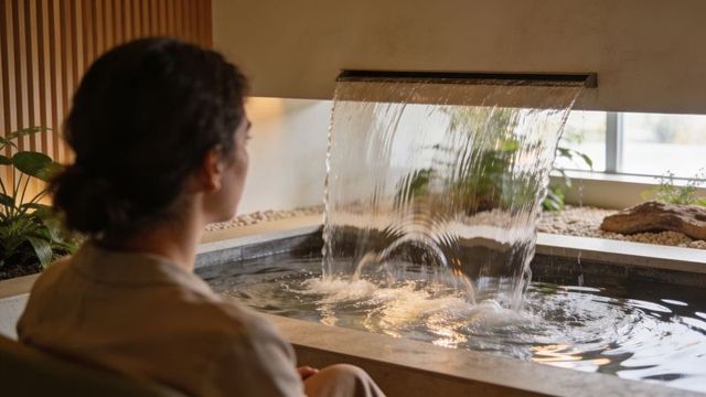 Woman in robe relaxing at indoor waterfall spa with stone basin, soothing natural greenery