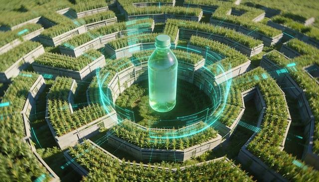 Glowing green bottle projecting digital rings above concentric terraced planters for smart farming