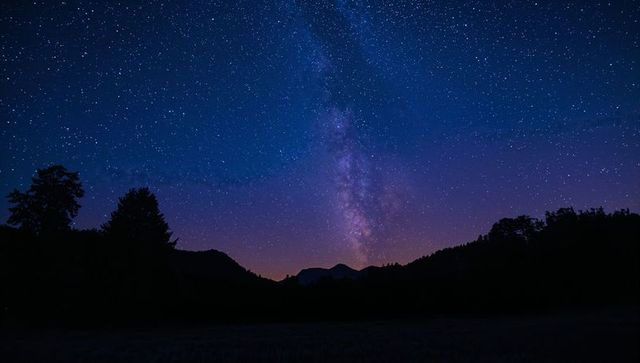 Milky Way Rising Over Silhouetted Ridge and Trees Under Starry Twilight Sky