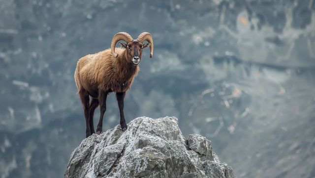 Majestic alpine ram standing on rocky outcrop showing dramatic curved horns