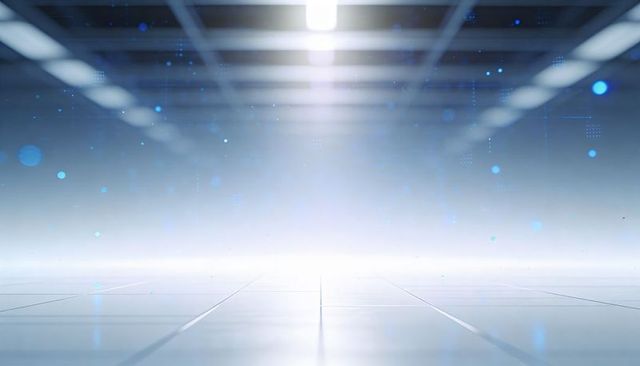 Futuristic data corridor pulsing with blue holographic grids reflecting on glossy floor