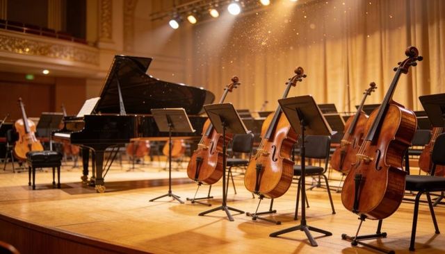Concert Hall Cellos Lined Up on Stage with Grand Piano and Golden Spotlight Ambience for Orchestra