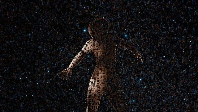 Standing avatar glowing in starfield with bronze typography skin and binary glyphs