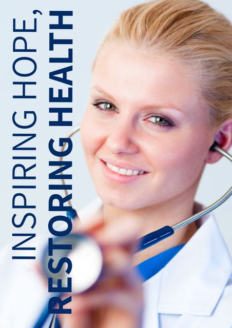 Promoting healthcare services, a smiling female doctor with a stethoscope embodies trust and professionalism. Ideal for medical campaigns, the template can also be adapted for educational purposes highlighting healthcare careers.