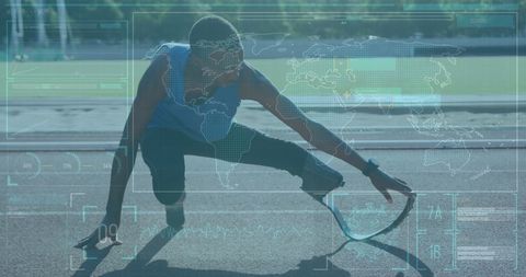 Athlete on track with futuristic infographics overlay