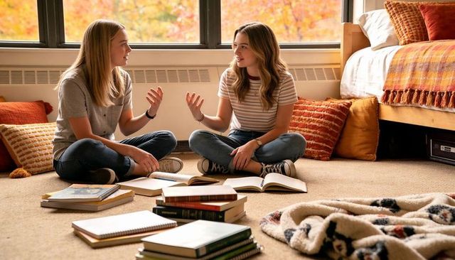 College roommates studying on dorm floor amid cozy autumn decor and natural window light