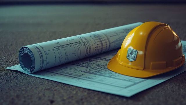 Construction site: blueprint plans and yellow hard hat