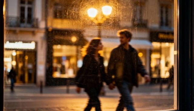 Romantic couple walking hand in hand at dusk through smudged glass under warm street lamps