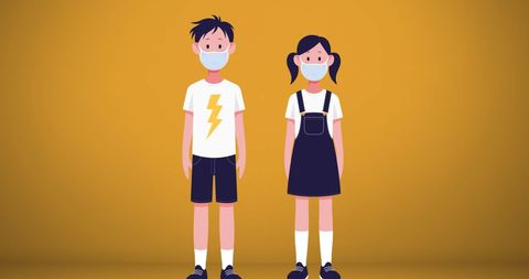 Children Social Distancing with Masks on Bright Background