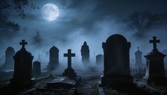Moonlit foggy cemetery with cloaked figure walking down central path