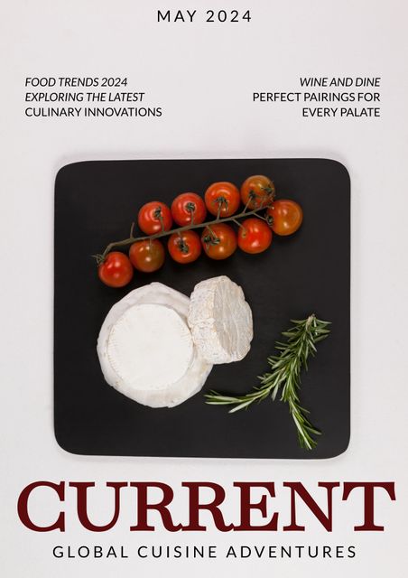 Showcasing fresh gourmet ingredients such as cherry tomatoes and cheese on a black square platter, accented by rosemary, this image perfectly captures recent culinary trends for food media, dining magazines, or culinary innovation features for 2024. Ideal for illustrating simplicity and sophistication in food styling and presentation, along with wine pairing suggestions for diverse wine and dine palettes.