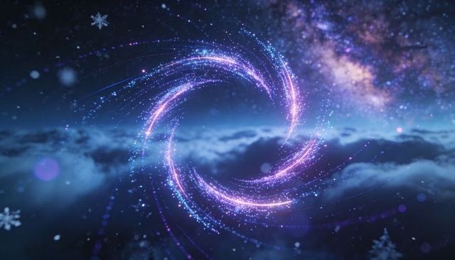 Swirling cosmic vortex of luminous stardust above night cloudscape and nebula