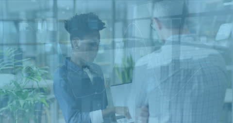 Animated Financial Data with Diverse Professionals in Modern Office