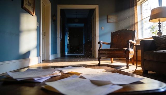 Sunlit living room with scattered papers on wooden coffee table and floating dust motes