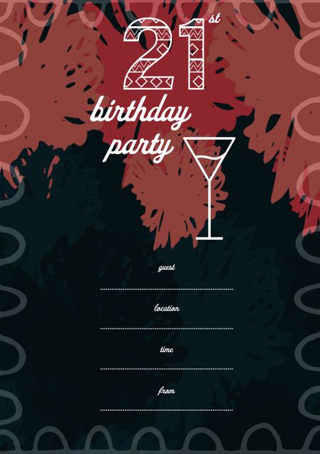 Perfect for creating personalized 21st birthday party invitations. Editable fields for guest, location, time, and sender make it easy to tailor each invite. The modern design with abstract background patterns and a cocktail glass adds a stylish touch suitable for adult transitions and versatile celebrations. Ideal for event planners and individuals looking to create memorable invitations.