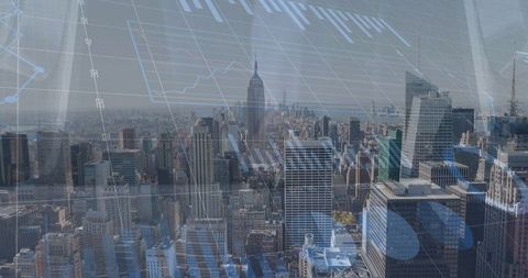 Financial data overlay on urban cityscape represents global business connections