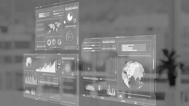 Transparent interface displaying global data and charts offers visionary view of technology and data processing. Suitable for use in articles, presentations, and marketing materials related to data analytics, business intelligence, futuristic technology, and global communication.