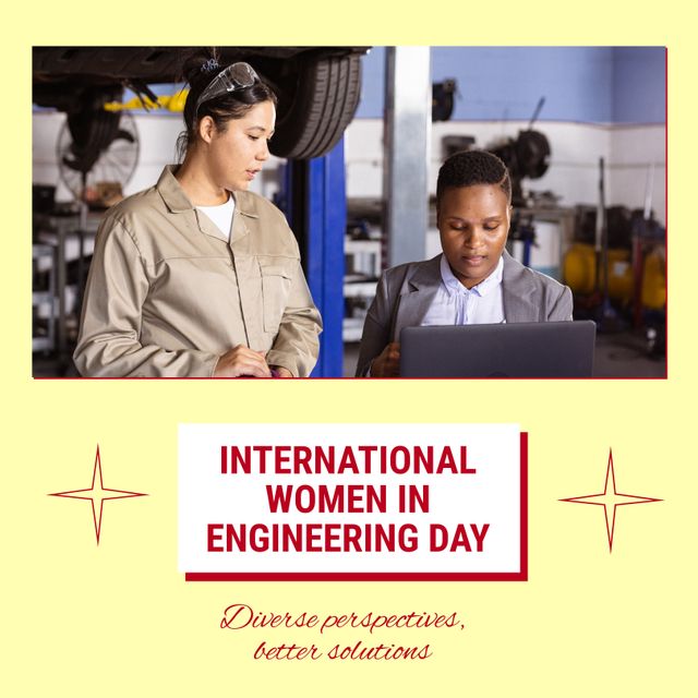 Image shows two diverse women working together in an engineering garage, emphasizing the importance of diversity in engineering and celebrating International Women in Engineering Day. Useful for promoting diversity initiatives, women's empowerment in STEM, engineering career opportunities, and educational campaigns on social media and professional websites.