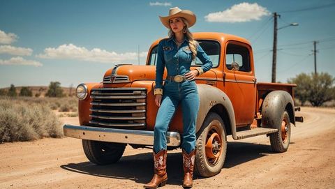 Cowgirl in hat leaning on vintage pickup in desert landscape