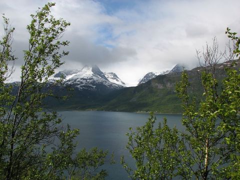Serene Mountain Lake Panorama with Snow-Capped Peaks