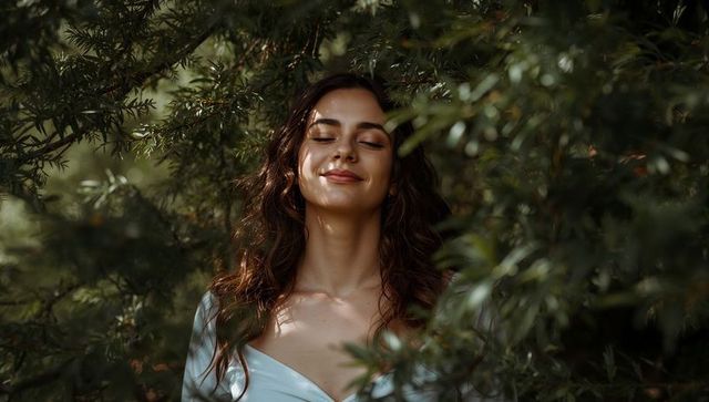 Young woman embracing calm among lush green leaves, eyes closed, gentle smile